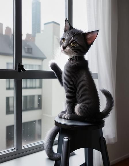 Grey Kitten Gazing Out Window