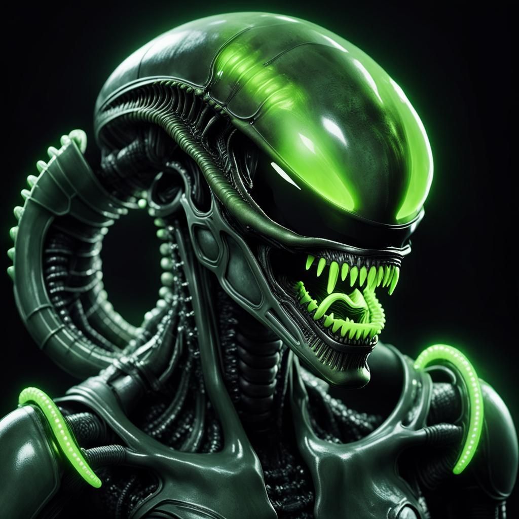 Xenomorph with Glowing Muzzle and Strange Symbols