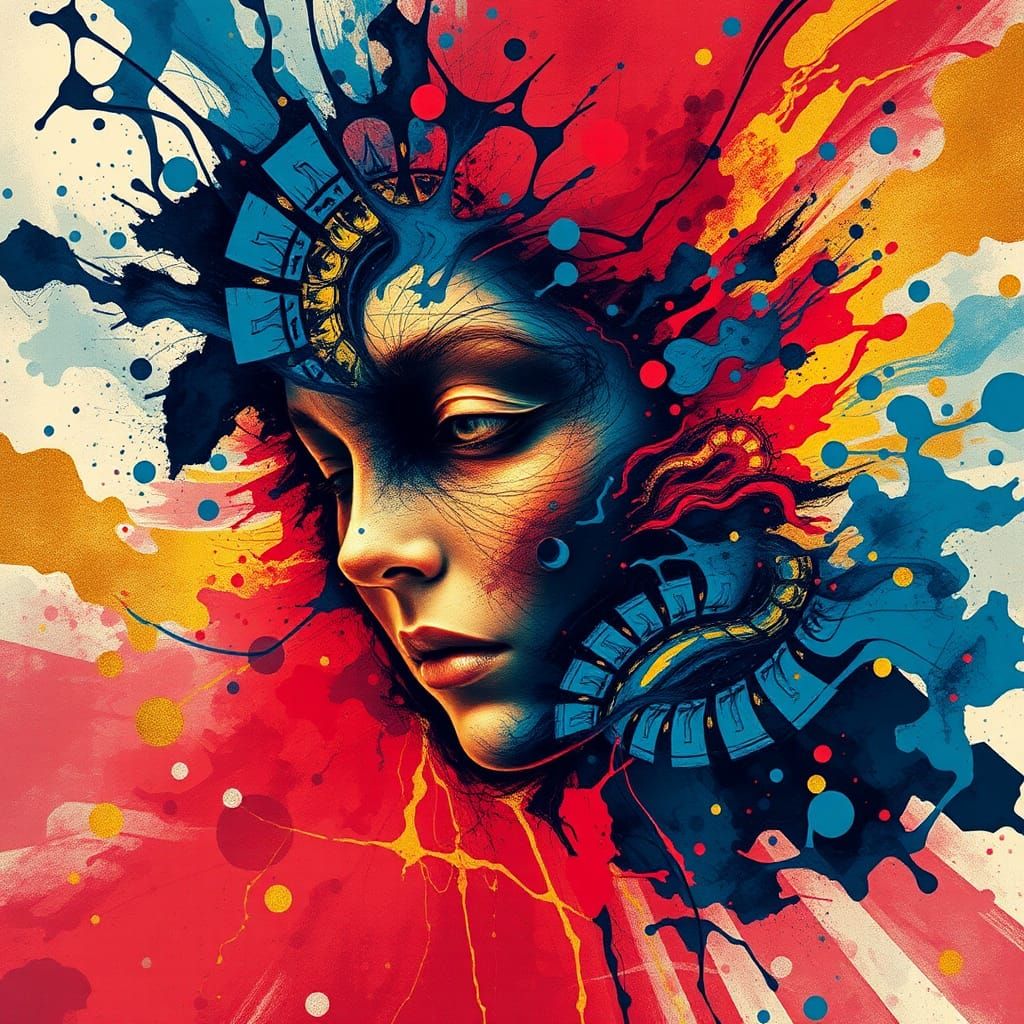 Surreal Fractal Face in Ink Splatters, Vector Portrait