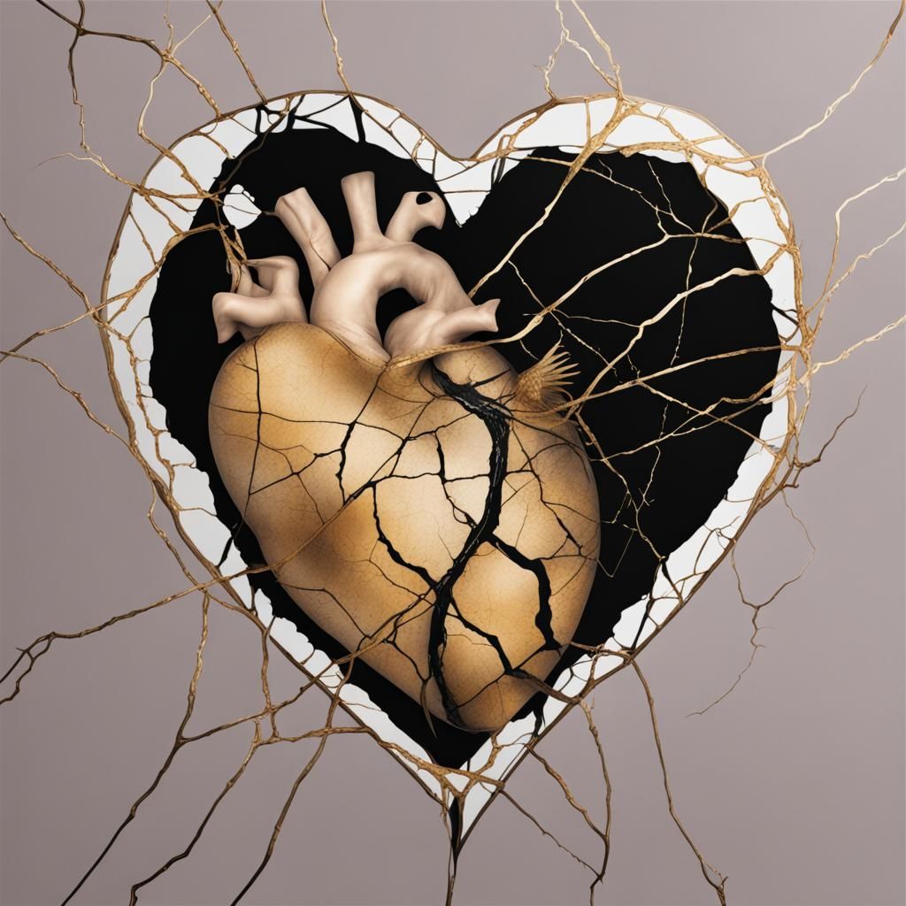 Kintsugi Heart in Double Exposure Surrealism