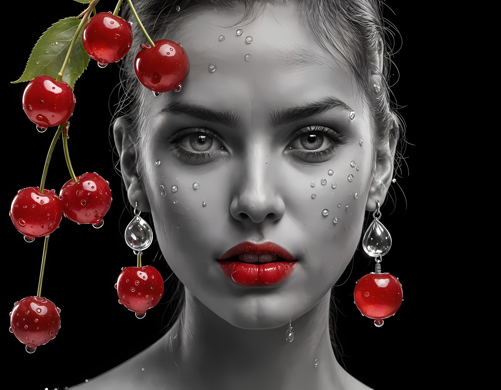 Juicy Red Cherry Earrings with Water Drops