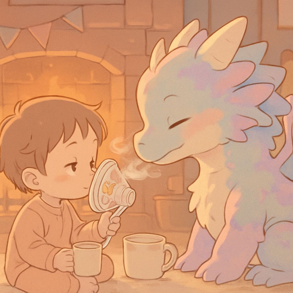 Child and Pastel Dragon Share Milk by Fireplace in Anime Sty...