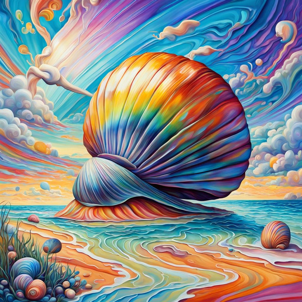 Surreal Quahog with Androgynous Face on Rainbow Beach