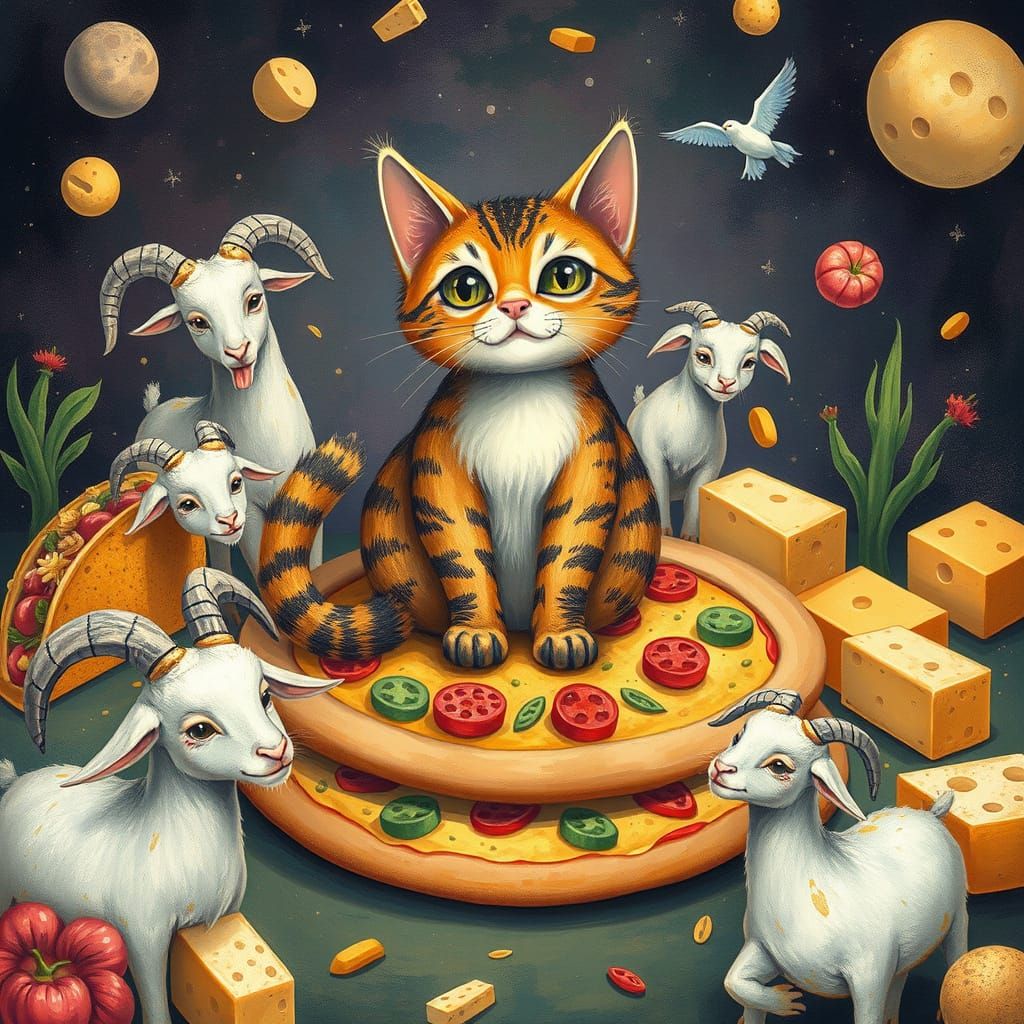 Whimsical Cat Sits on Pizza with Tacos and Goats in Vibrant ...