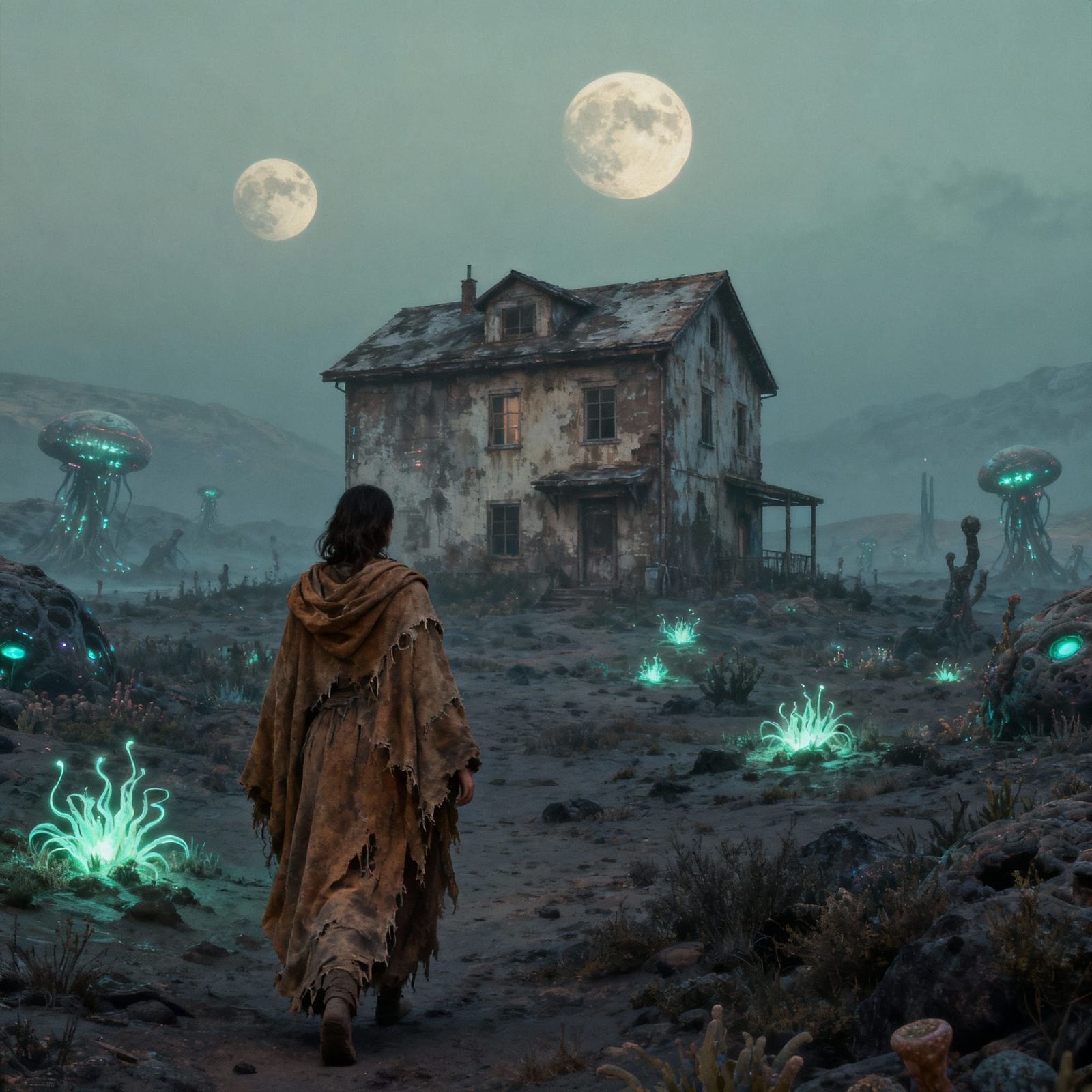 Alien Planet House Scene with Twin Moons
