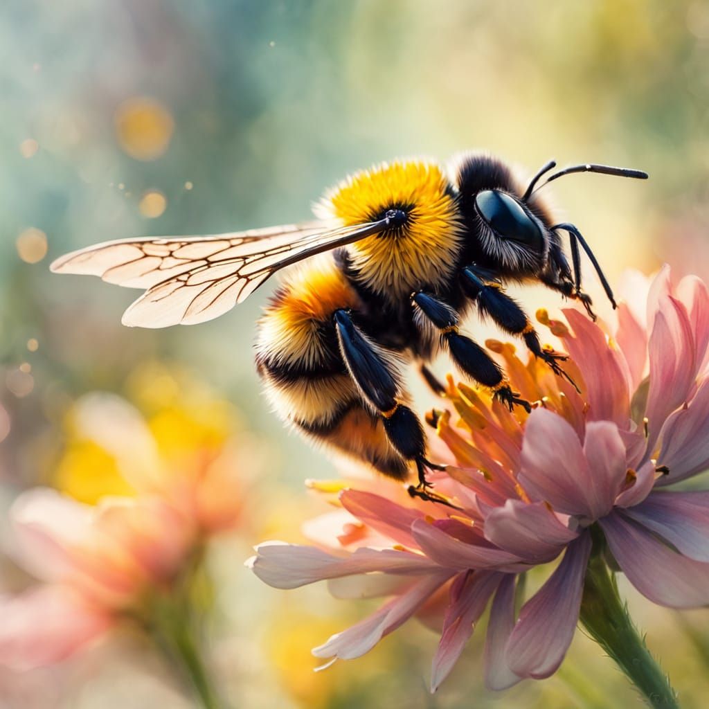 Bumblebee on Flower Watercolour Painting Close-Up