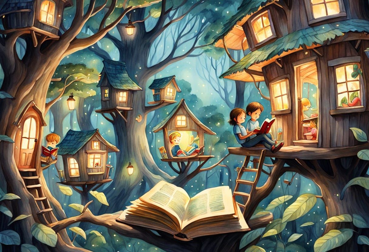 Whimsical Watercolor Children Reading in a Magical Treehouse