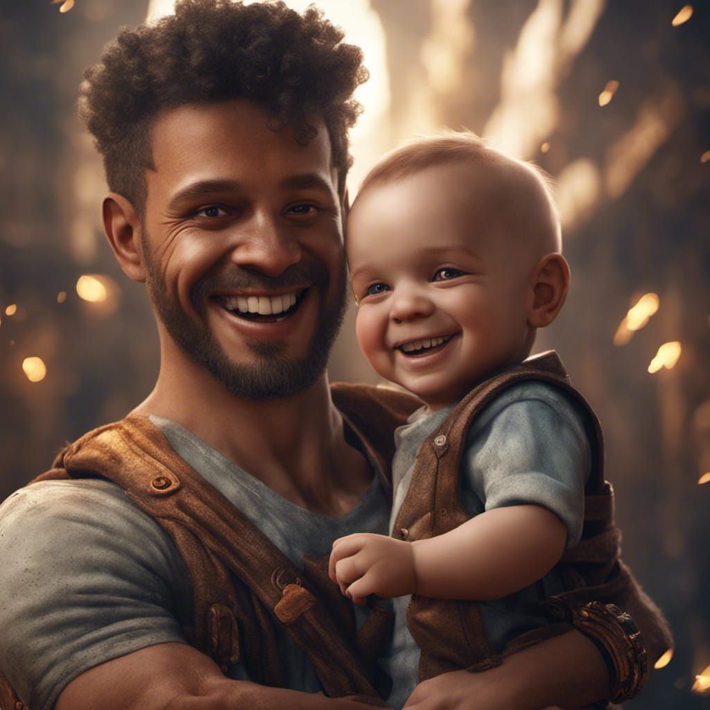 Smiling Baby Boy with Father: Detailed Matte Painting