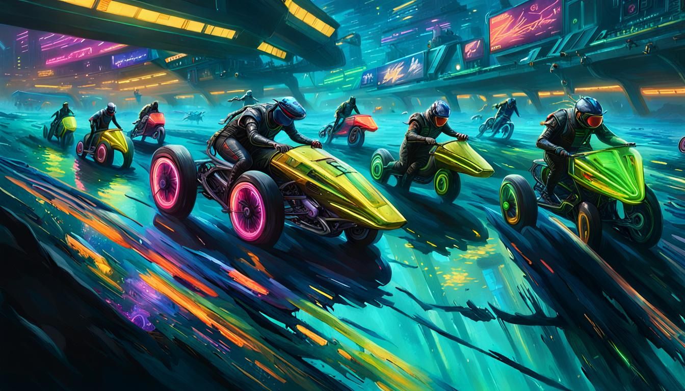 Android Lizard-Horses Race in Underwater Raypunk Style