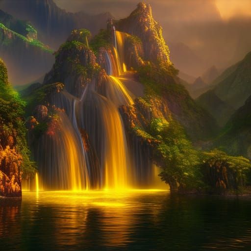 Golden Waterfall on Floating Island: Fantasy Concept Art