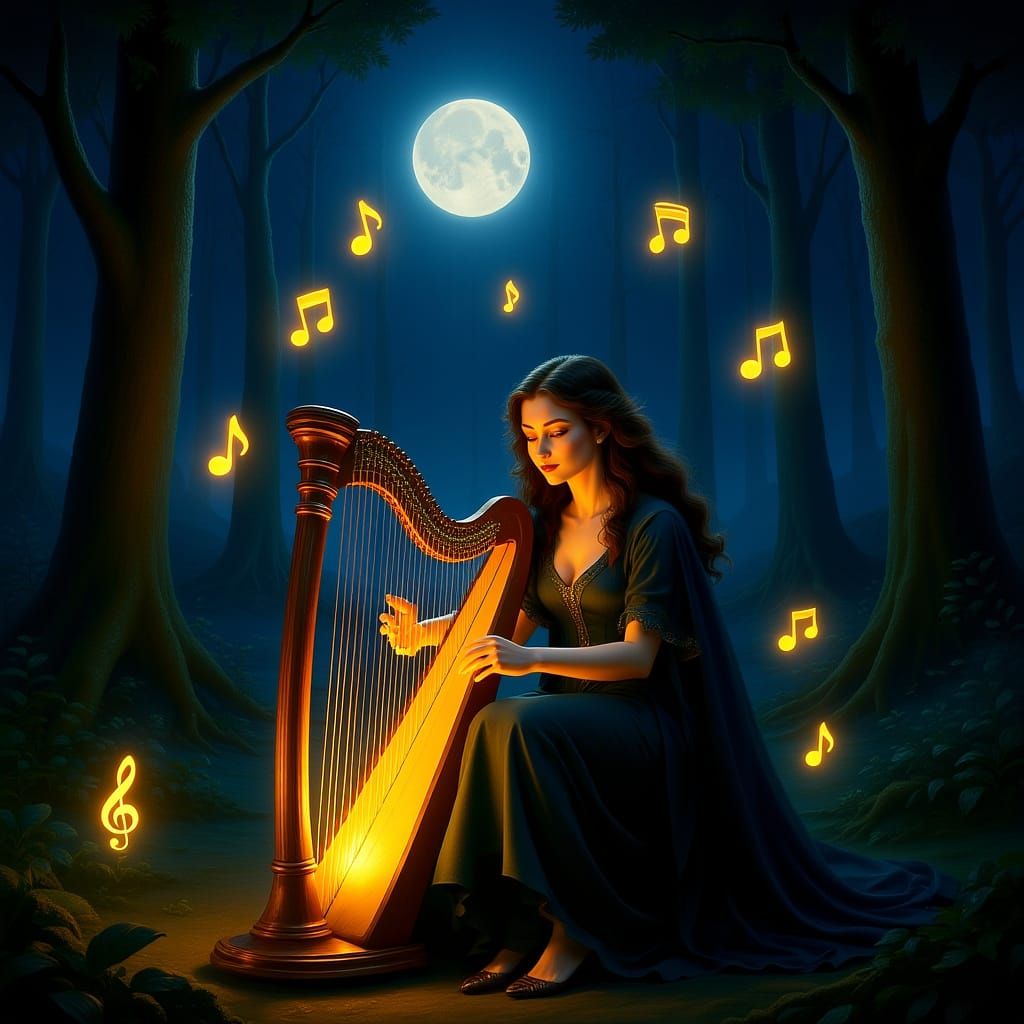 Ethereal Harpist in Moonlit Forest