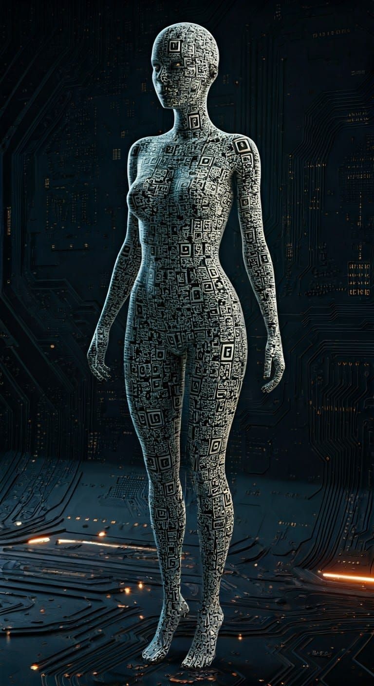 Futuristic QR Code Fashion Figure in Cyberpunk Style