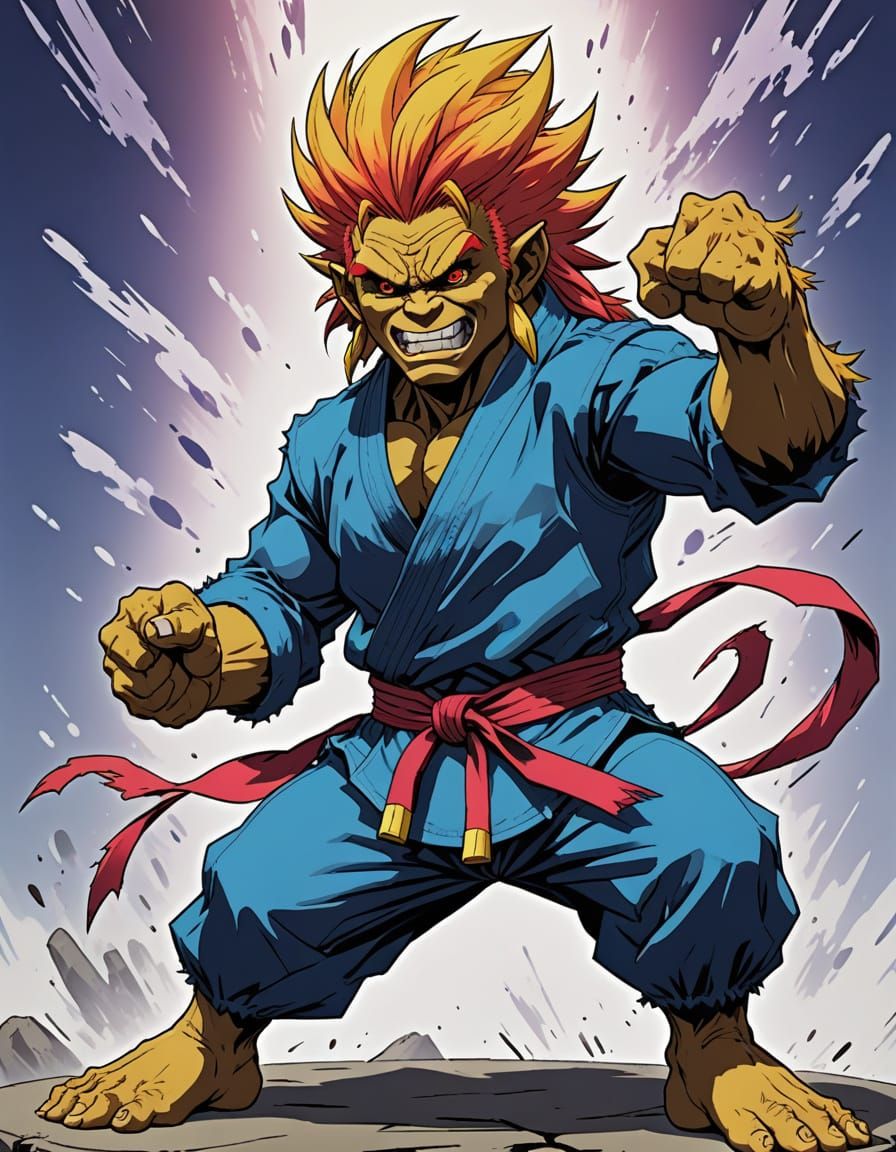 Rainbow-Haired Troll Strikes Ryu Fighting Pose