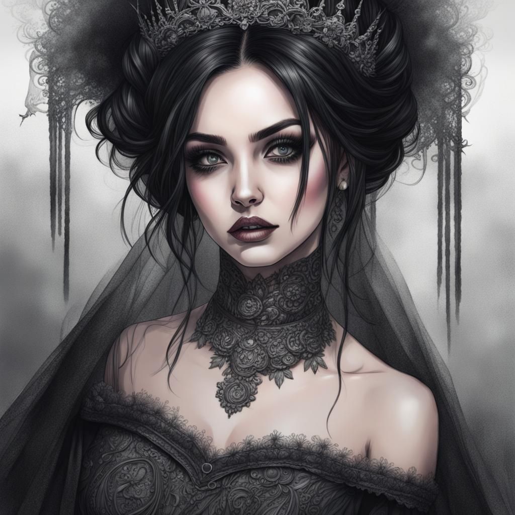 Gothic Bride Pencil Portrait with Intricate Detail