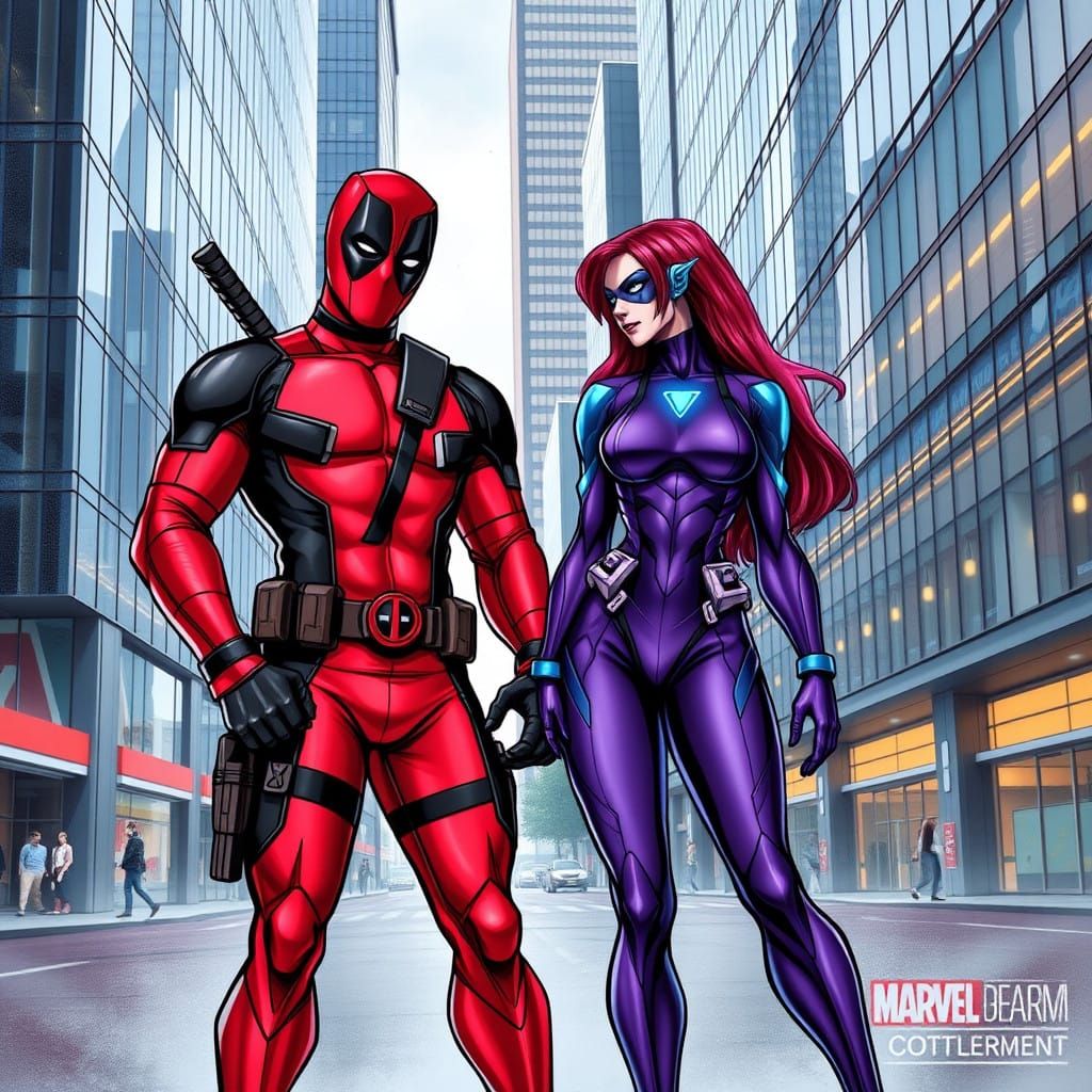 Deadpool and Psylocke Amidst Rotterdam's Skyscrapers in Comi...