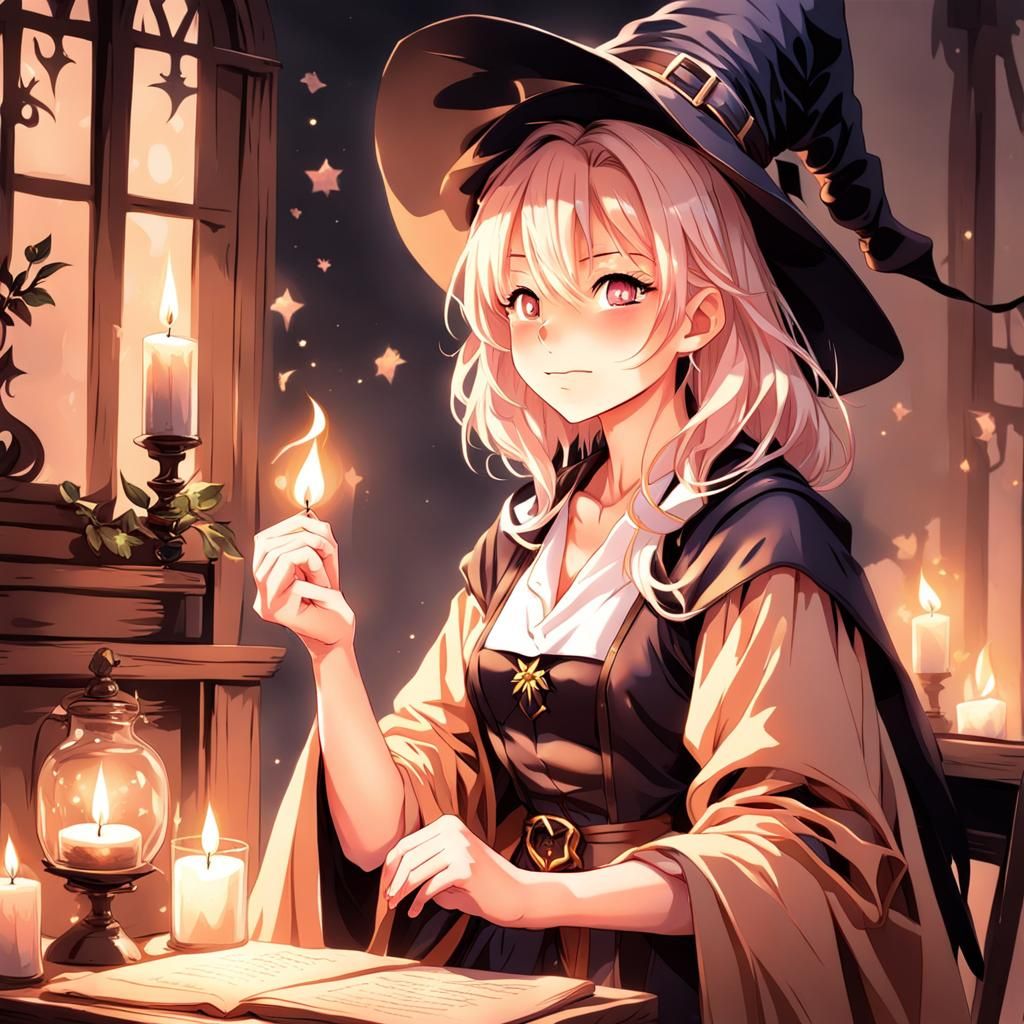 Anime Witch Practicing Candlelight Magic