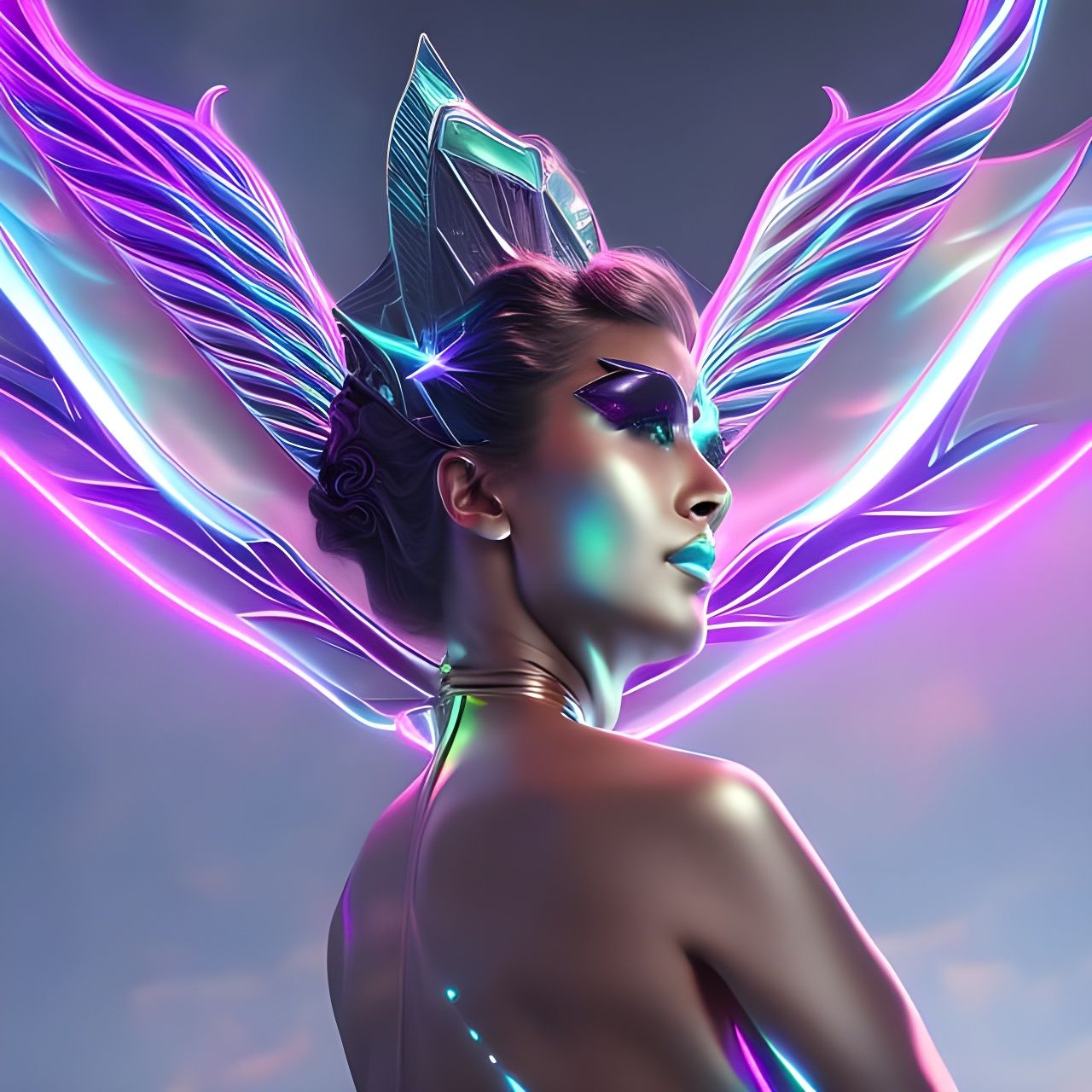 Futuristic Art Nouveau Woman in Dark Iridescent Neon
