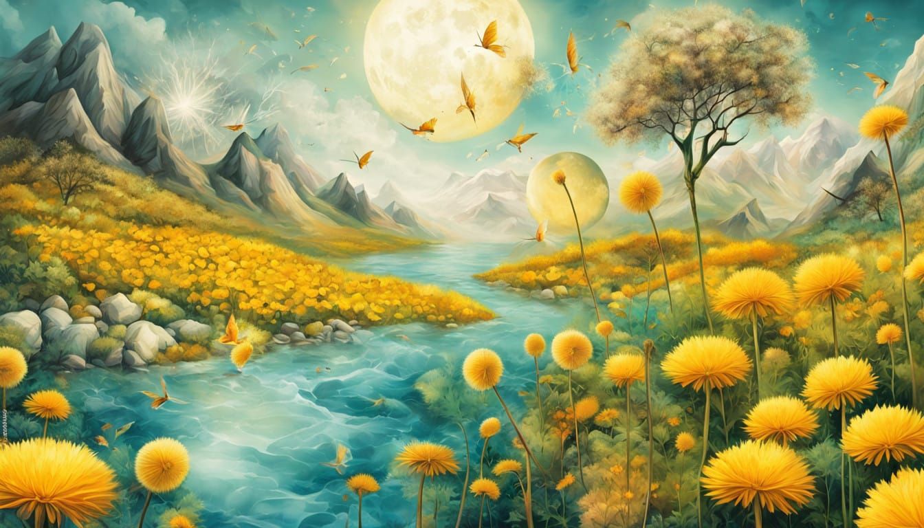 Vibrant Dandelion Dreamscapes in Ethereal Water Scenes