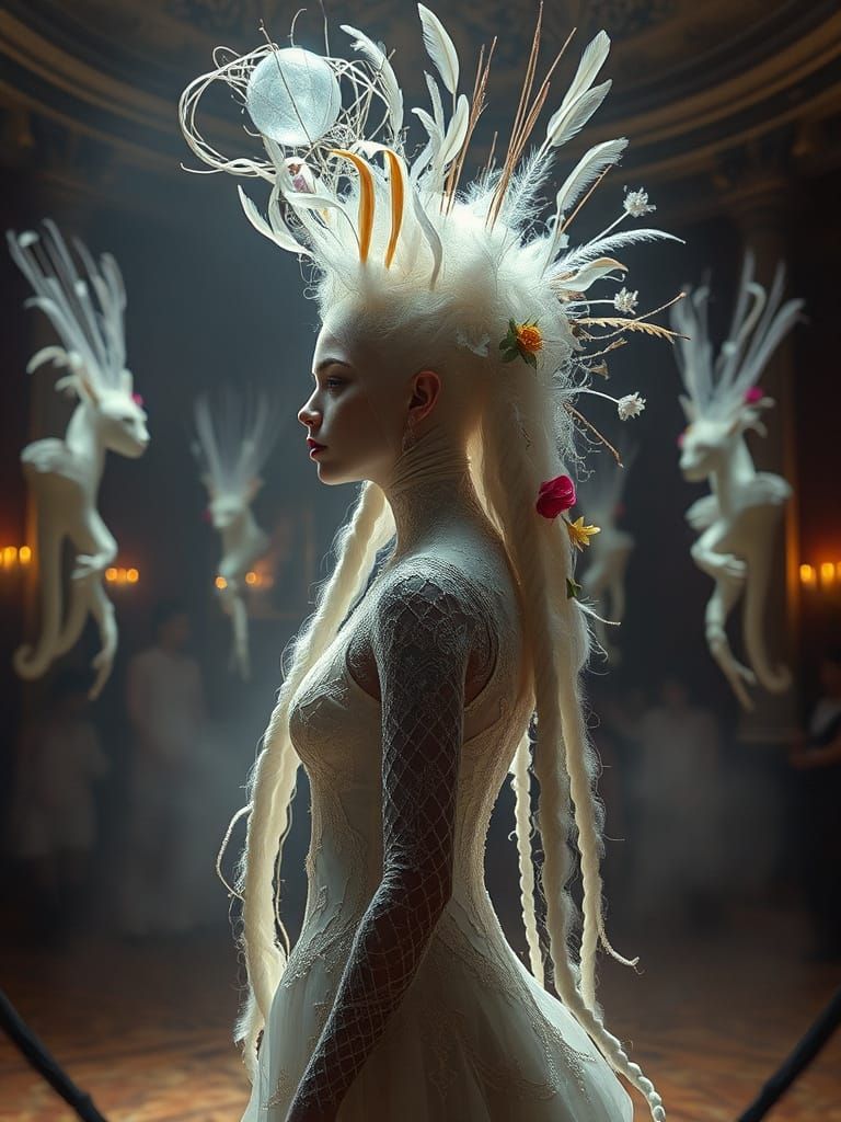 Dreamlike Ballroom with Avant-Garde Hair Sculptures