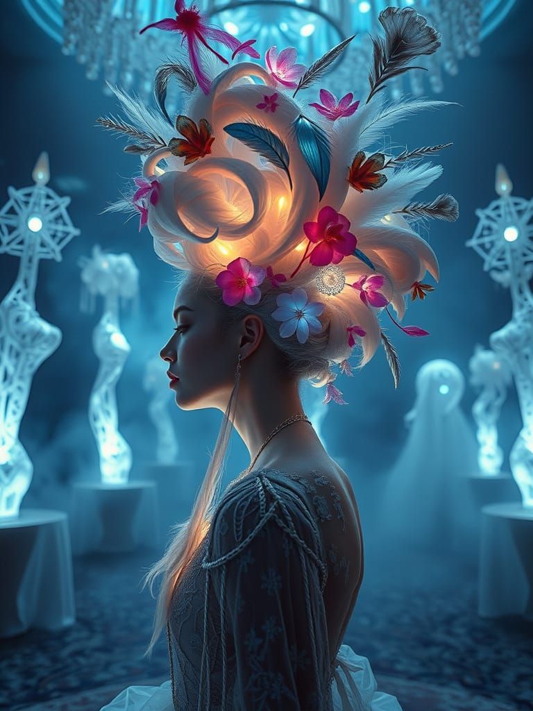 Dreamlike Ballroom with White Hair Sculptures
