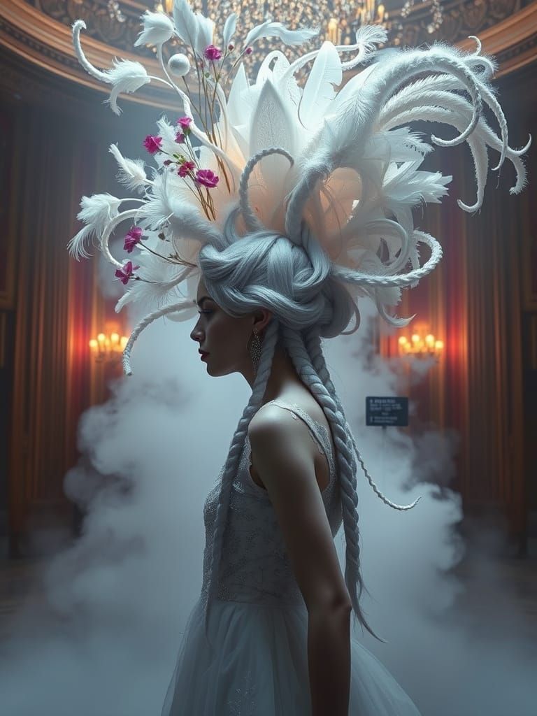 Dreamlike Ballroom with Avant-Garde Hair Sculptures