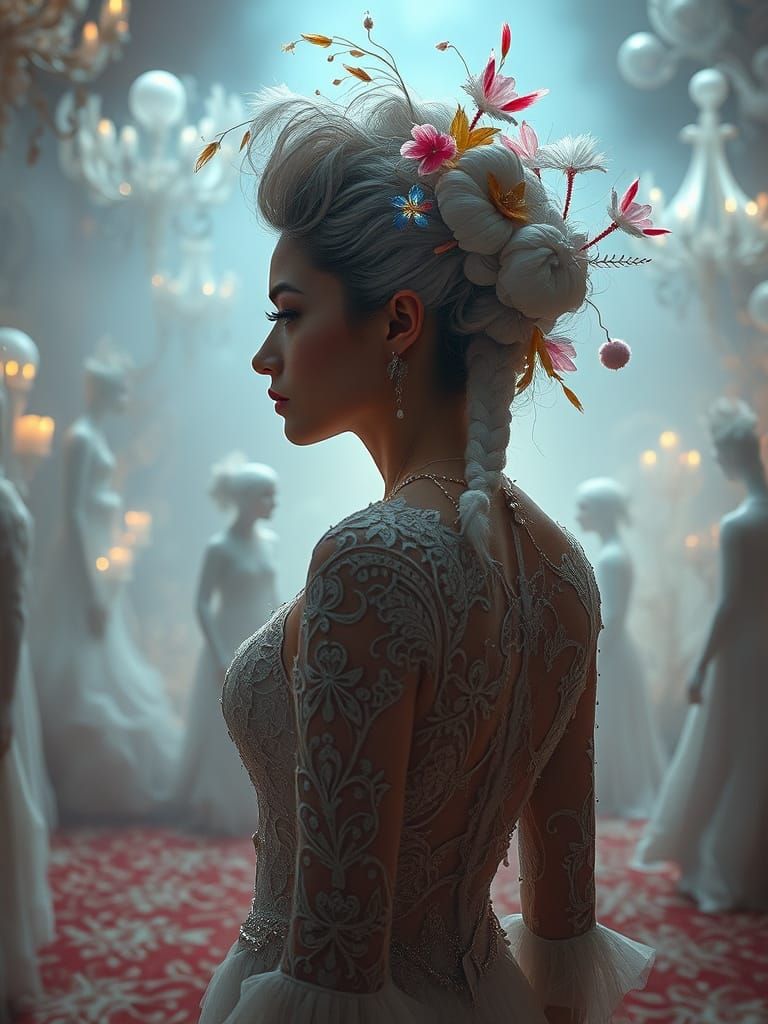 Surreal Ballroom Dreamscape with White Hair Sculptures