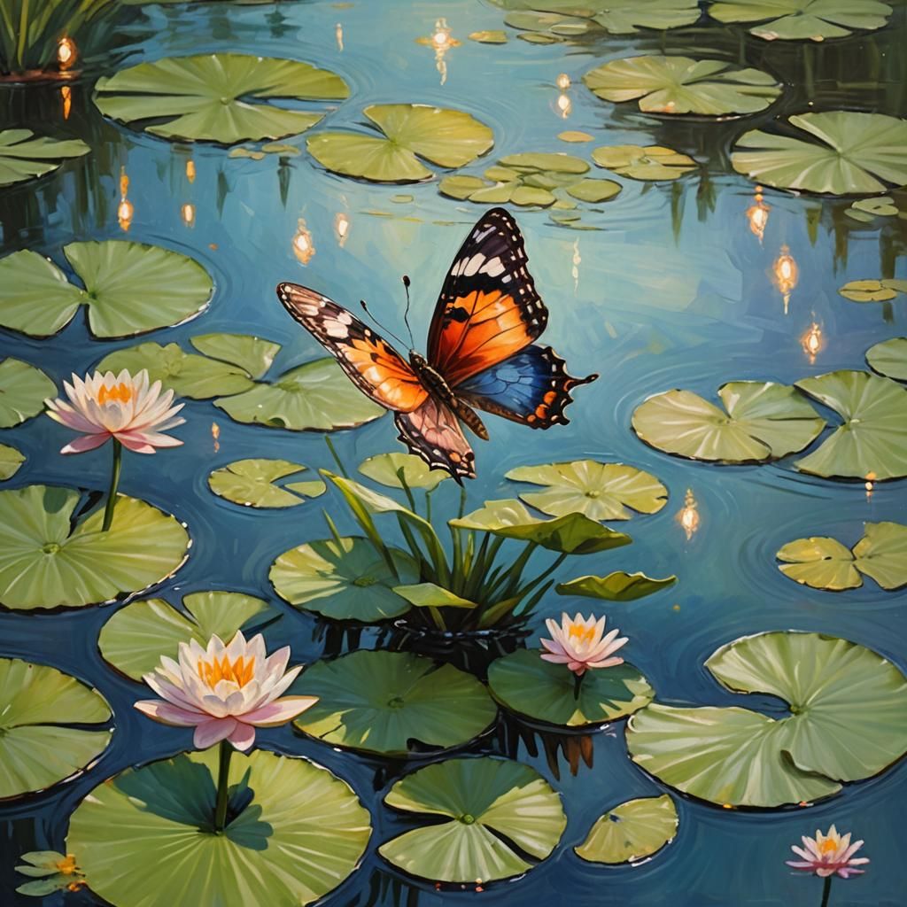 Butterfly on Lily Pad: Impressionist Oil Painting