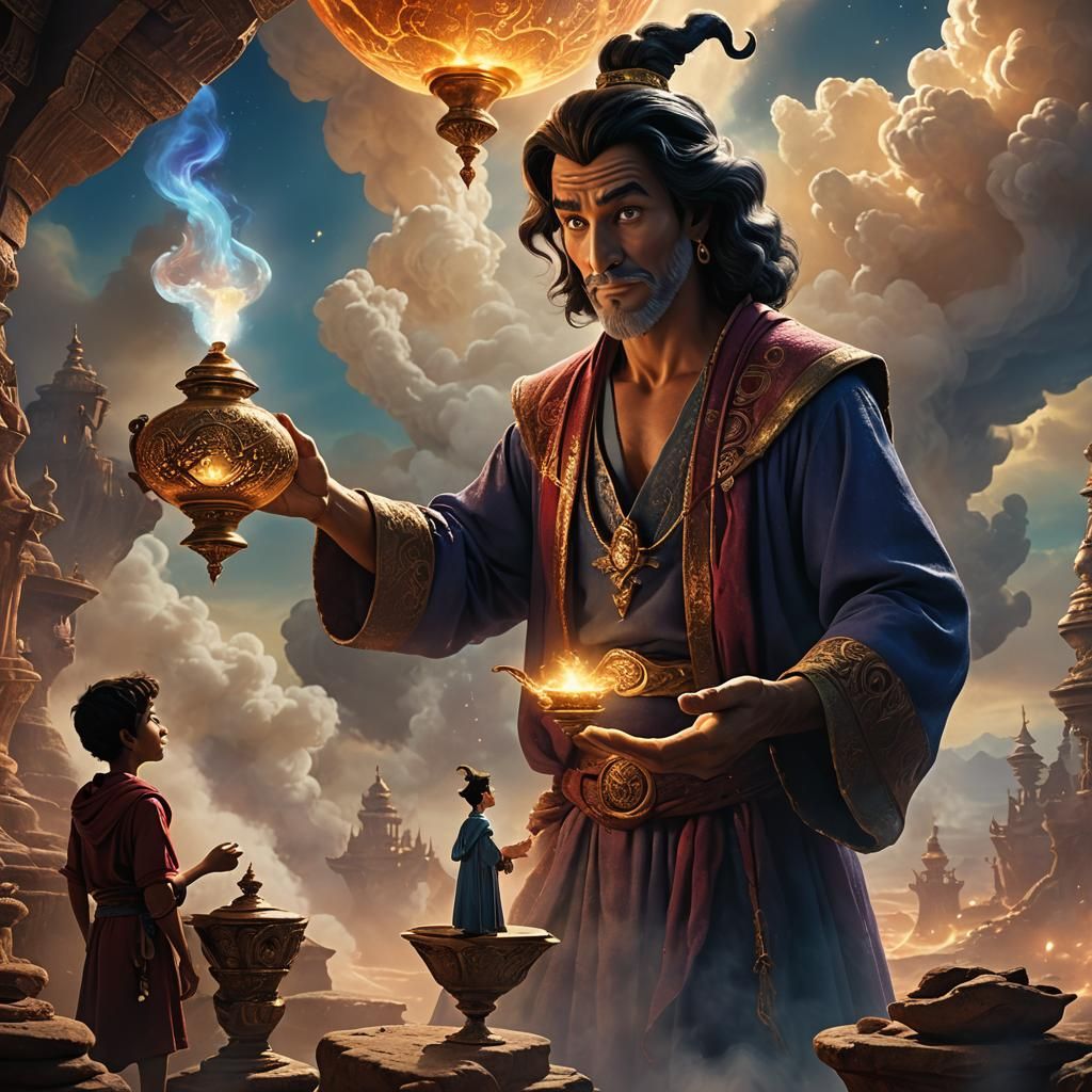 Colossal Sorcerer Emerges from Aladdin's Lamp