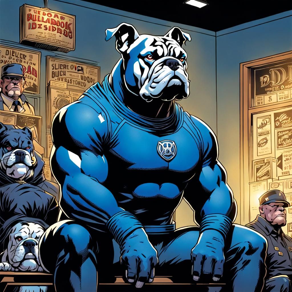 Blue Bulldog sitting upright wearing a full body skin tight ...