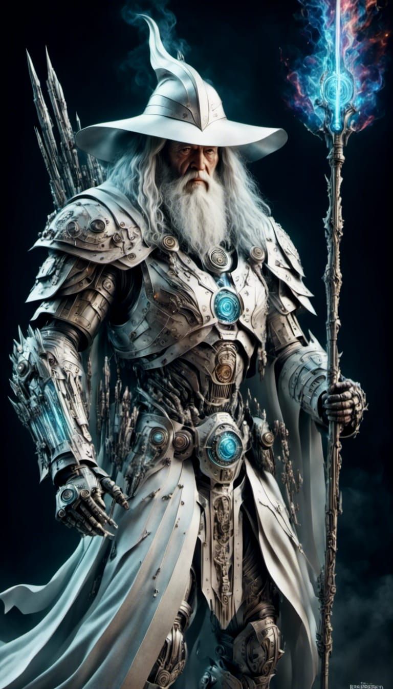 Gandalf in Futuristic Mech Suit with Plasma Staff