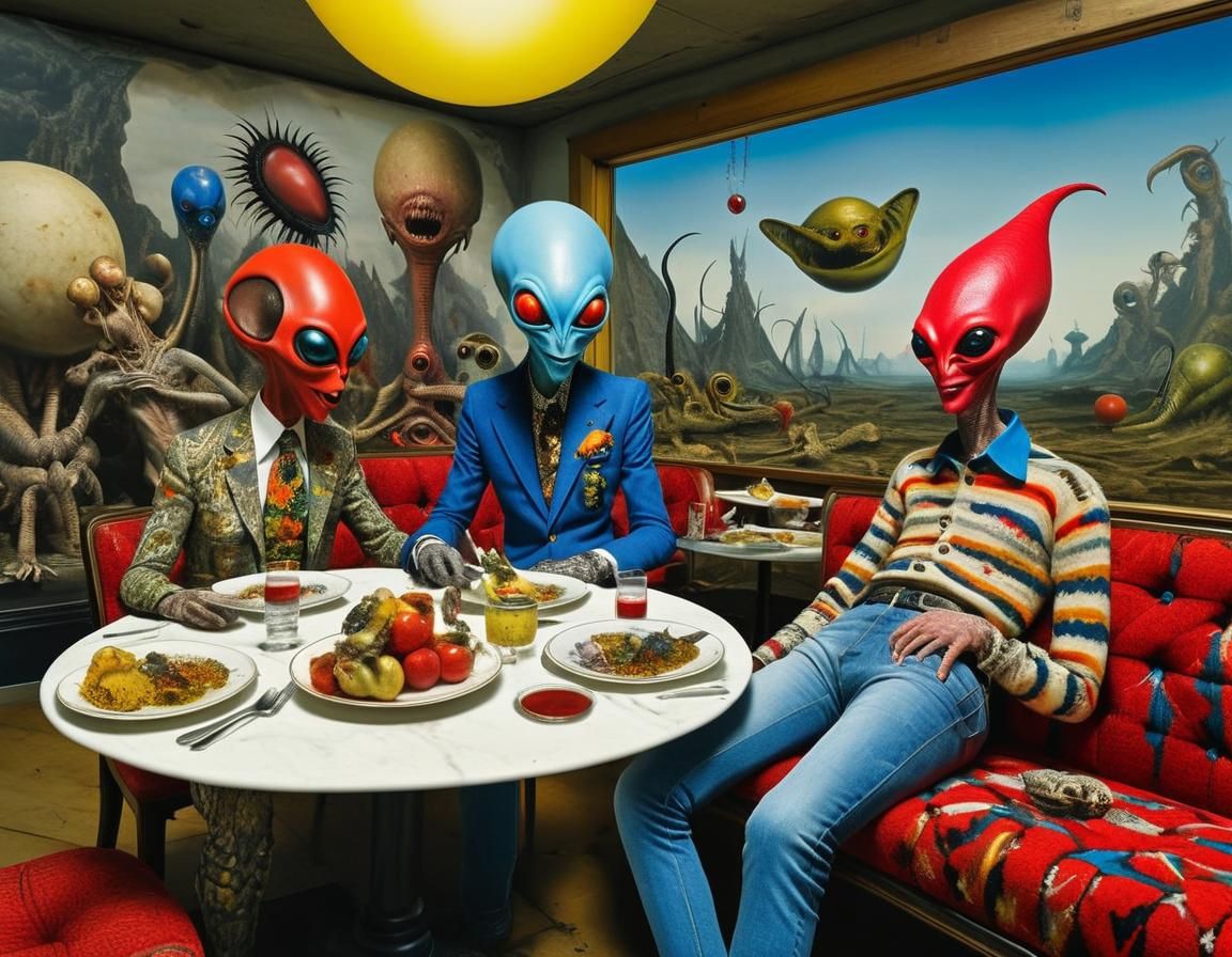 Exotic Aliens Enjoying Fine Dining in Surreal Setting