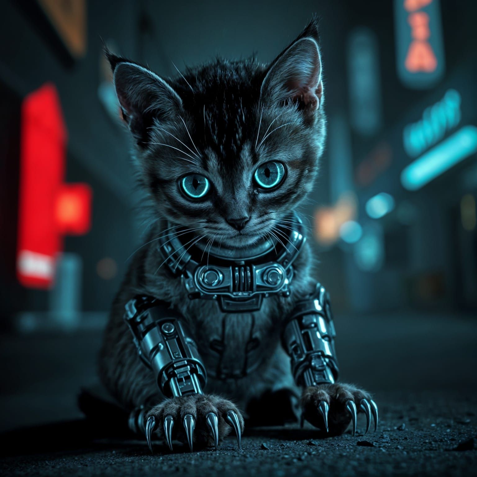 Cybernetic Assassin Kitten in Dark, Hyperrealistic Style