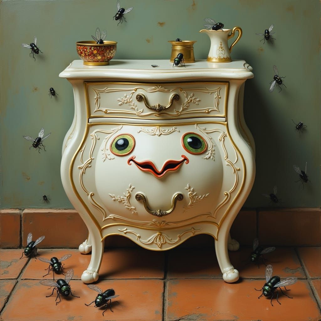 Surrealist Porcelain Commode with Smiling Face and Iridescen...