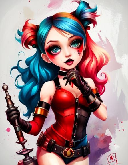 Chibi Harley Quinn in Colorful Splash Art Style