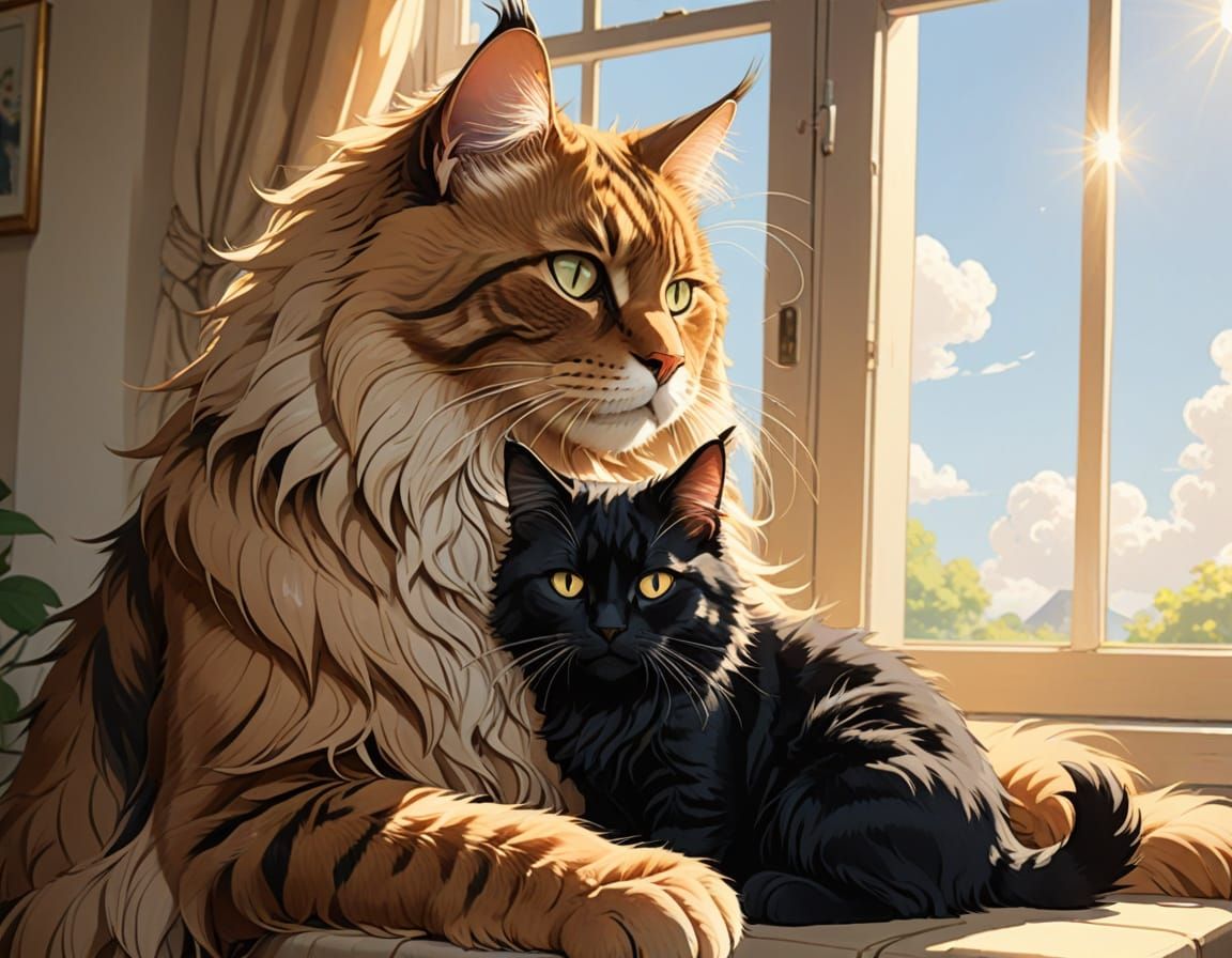 Whimsical Feline Embrace in Ghibli Style