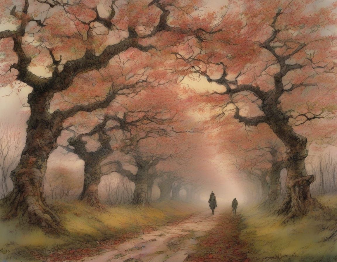 Cherry Tree Avenue at Dusk in Whimsical Watercolor Style