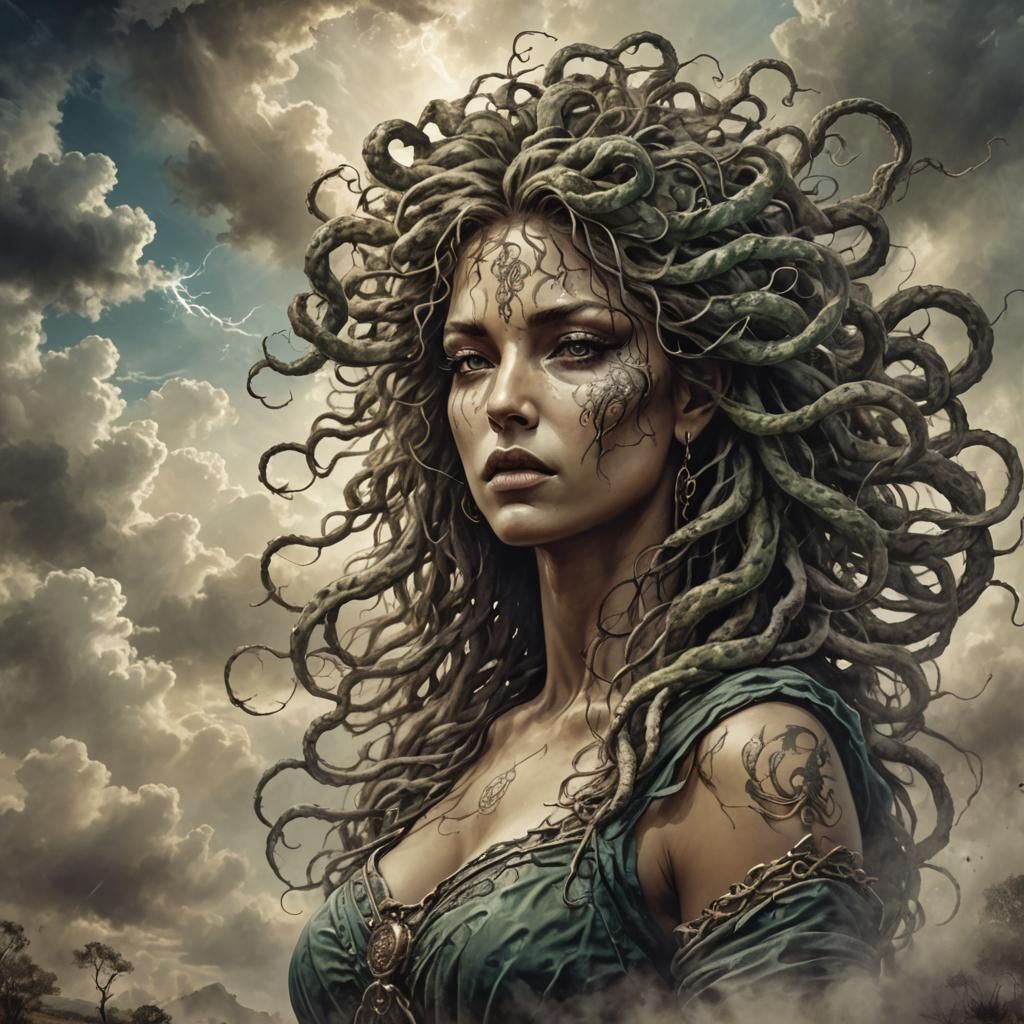 Fierce Medusa Unleashed in Duotone Illustration