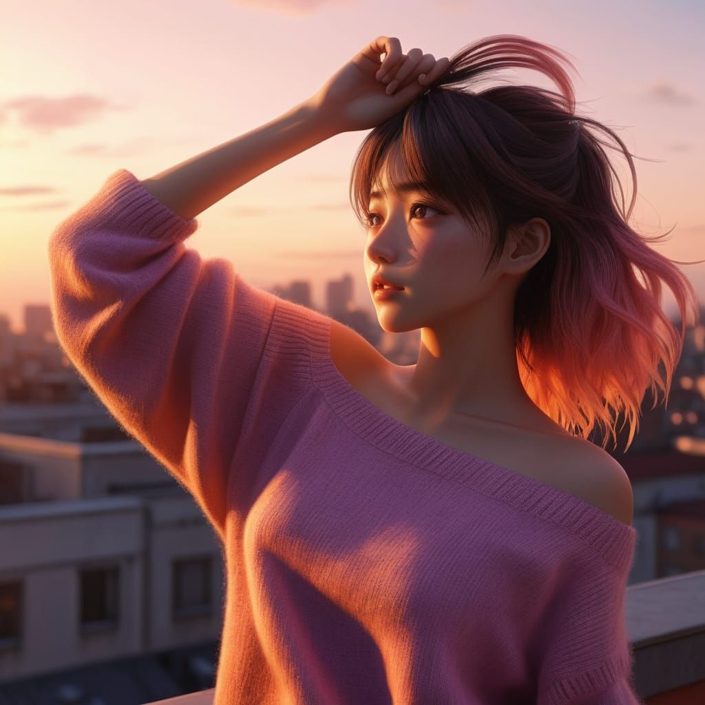 Anime Woman on City Rooftop at Sunset