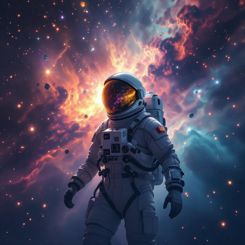 Astronaut Drifting Among Cosmic Dust Nebula