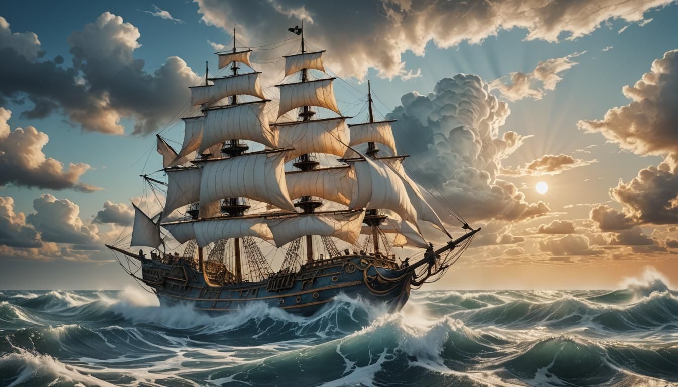 Surreal Wave Ship Sailing Hazy Seas