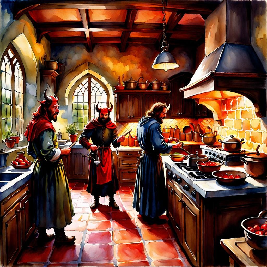 Medieval Kitchen with Devil in Digital Watercolor