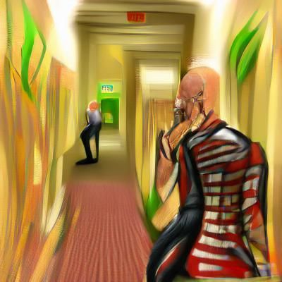 deviantart maximalist tall bald skinny man screaming on the phone angry and upset in a hallway