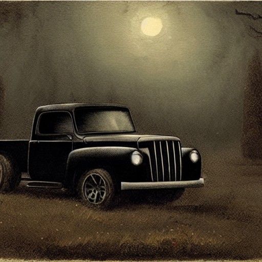 Vintage Truck in Graveyard, Horror Art Style