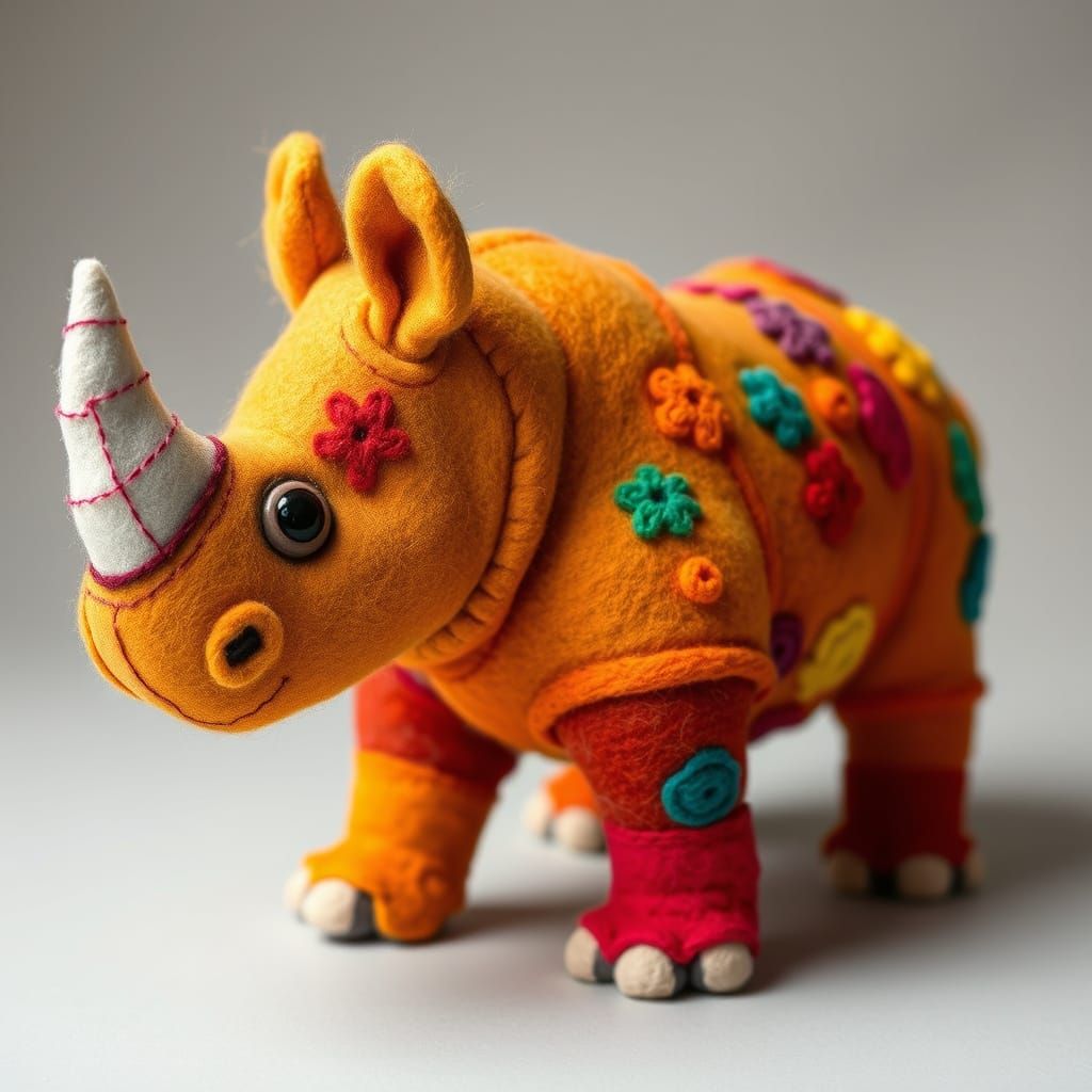 Colorful Felt Rhinoceros Sculpture in Children's Book Style