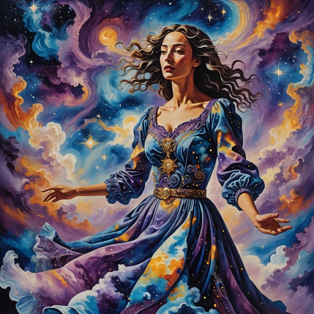 Celestial Dance: Woman in a Galaxy of Swirls