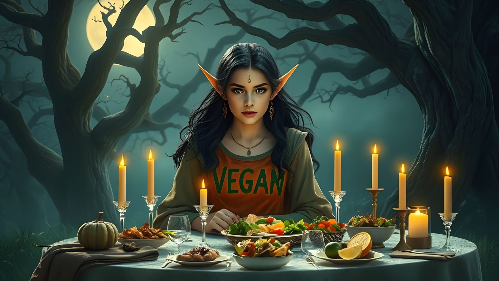Whimsical Vegan Feast under Enchanted Moonlight