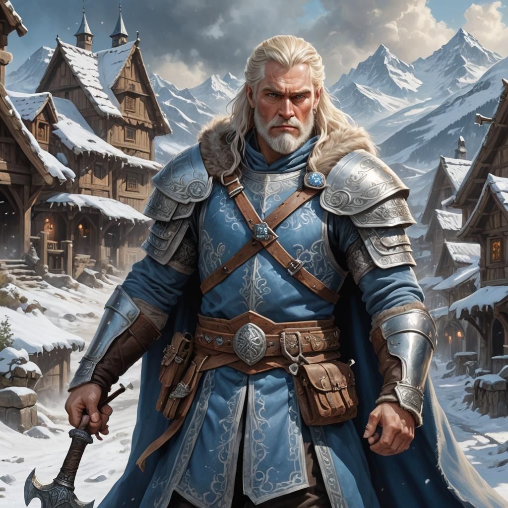 Medieval Warrior with Double Axe in Snowy Village