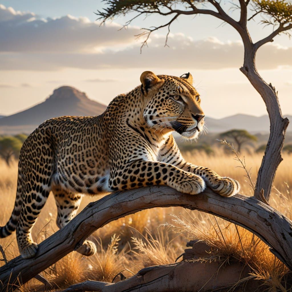 Leopard Resting on Tree Branch in African Savannah