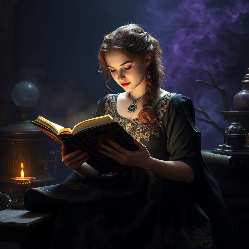 Enchanted Sorceress Lost in Forbidden Tomes