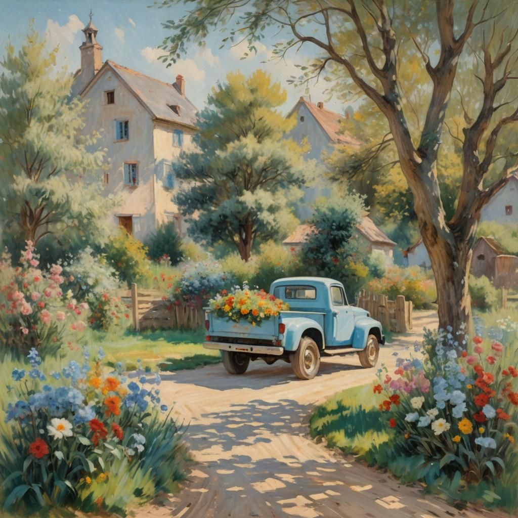 Idyllic Village Truck with Flowers: Impressionist Oil Painti...